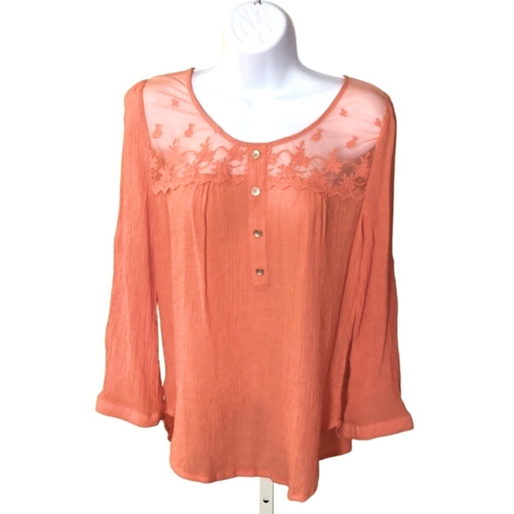 Coral Chiffon & Lace Blouse with Faux Buttons & Roll Tab Sleeves, Pink Orange‌